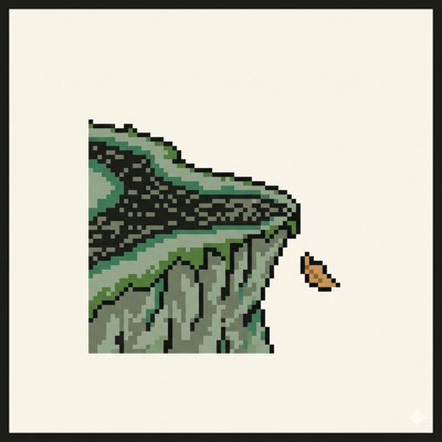 Pixel-art illustration of a mossy cliff edge with a single leaf drifting into the empty space below.